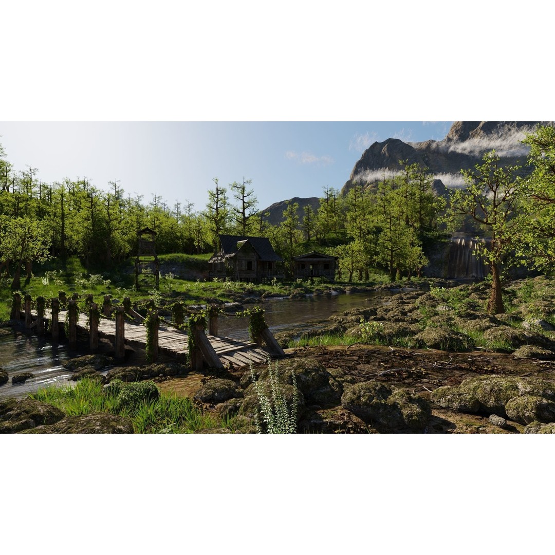 Waterfall Village Scene 3D Model – High Poly Environment for Blender - View 4