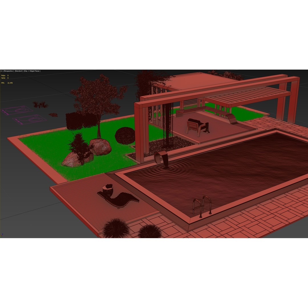Pool Gazebo Plants and Fountains 3D Model – Realistic Landscape Asset, FBX, OBJ