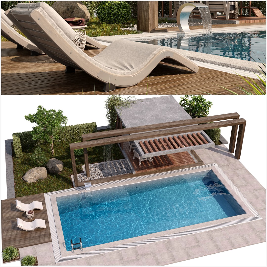 Pool Gazebo Plants and Fountains 3D Model – Realistic Landscape Asset, FBX, OBJ - View 10