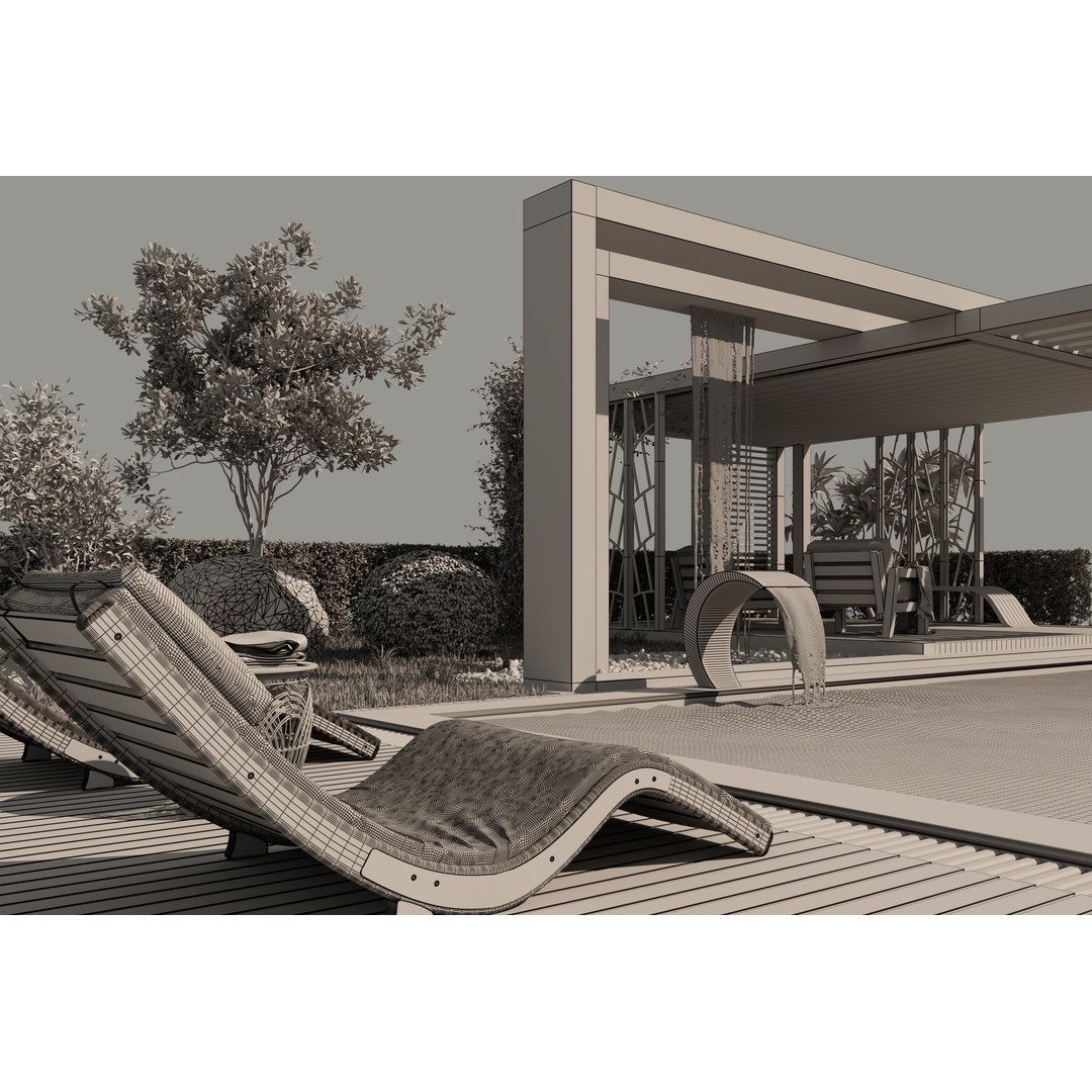 Pool Gazebo Plants and Fountains 3D Model – Realistic Landscape Asset, FBX, OBJ - View 13