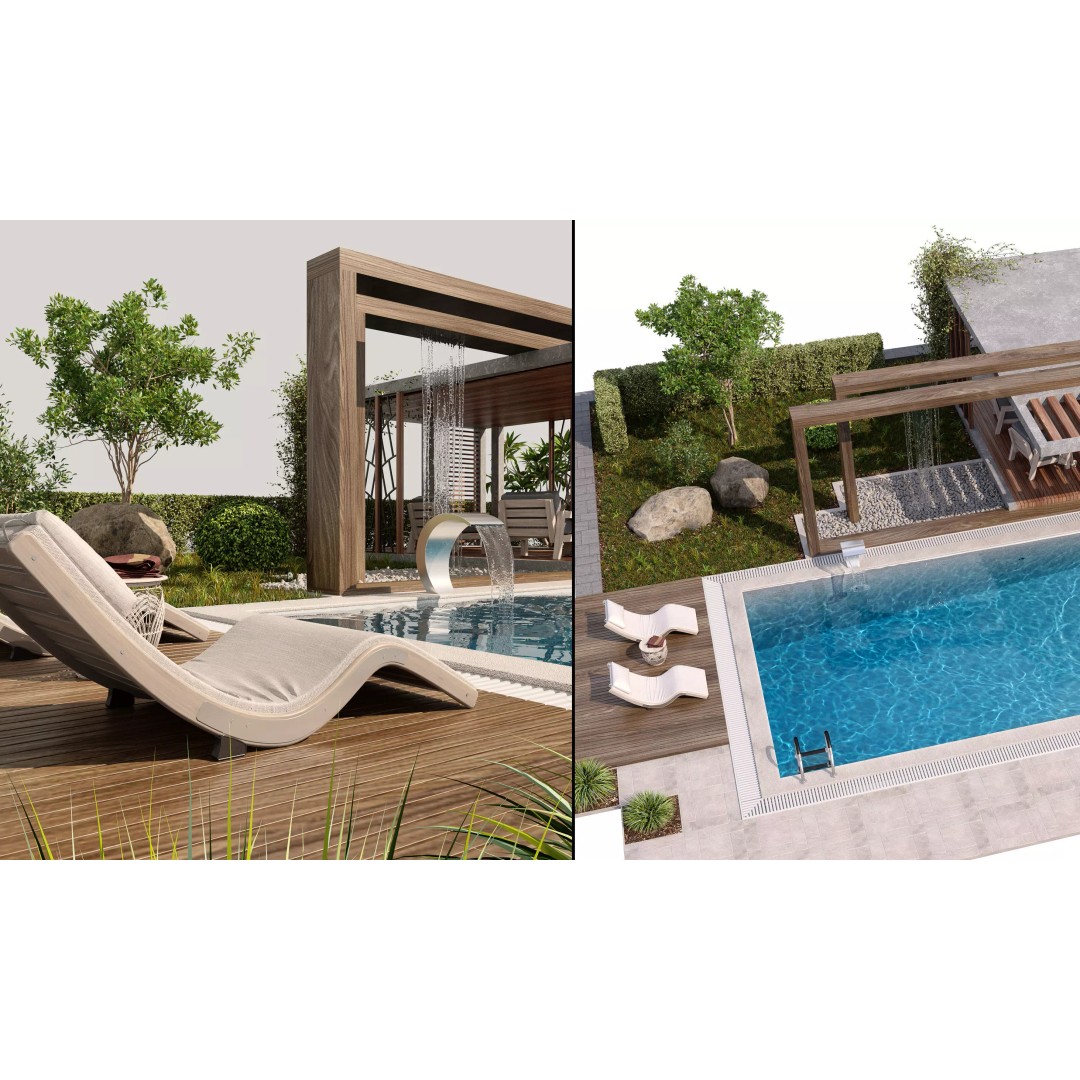 Pool Gazebo Plants and Fountains 3D Model – Realistic Landscape Asset, FBX, OBJ - View 2