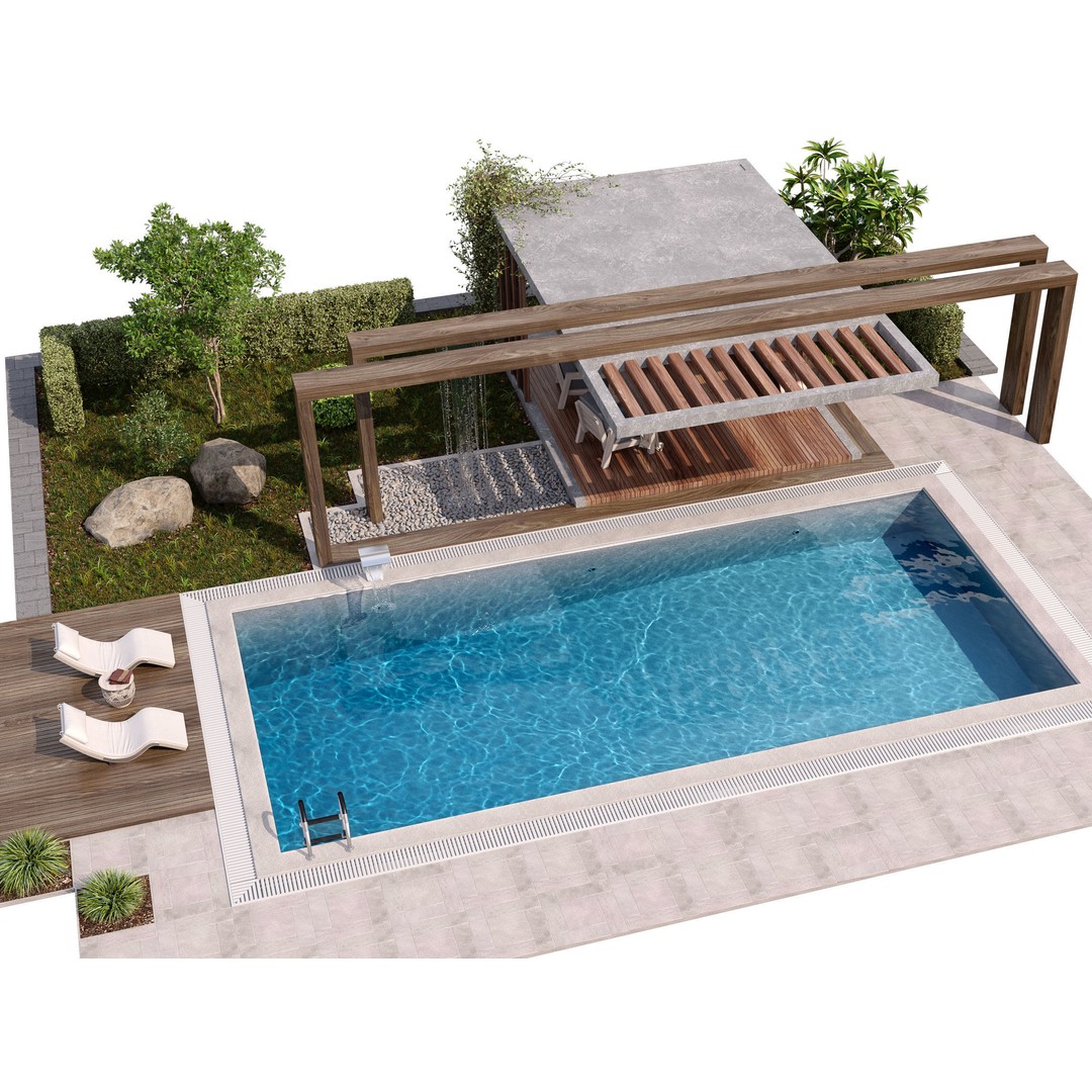 Pool Gazebo Plants and Fountains 3D Model – Realistic Landscape Asset, FBX, OBJ - View 3