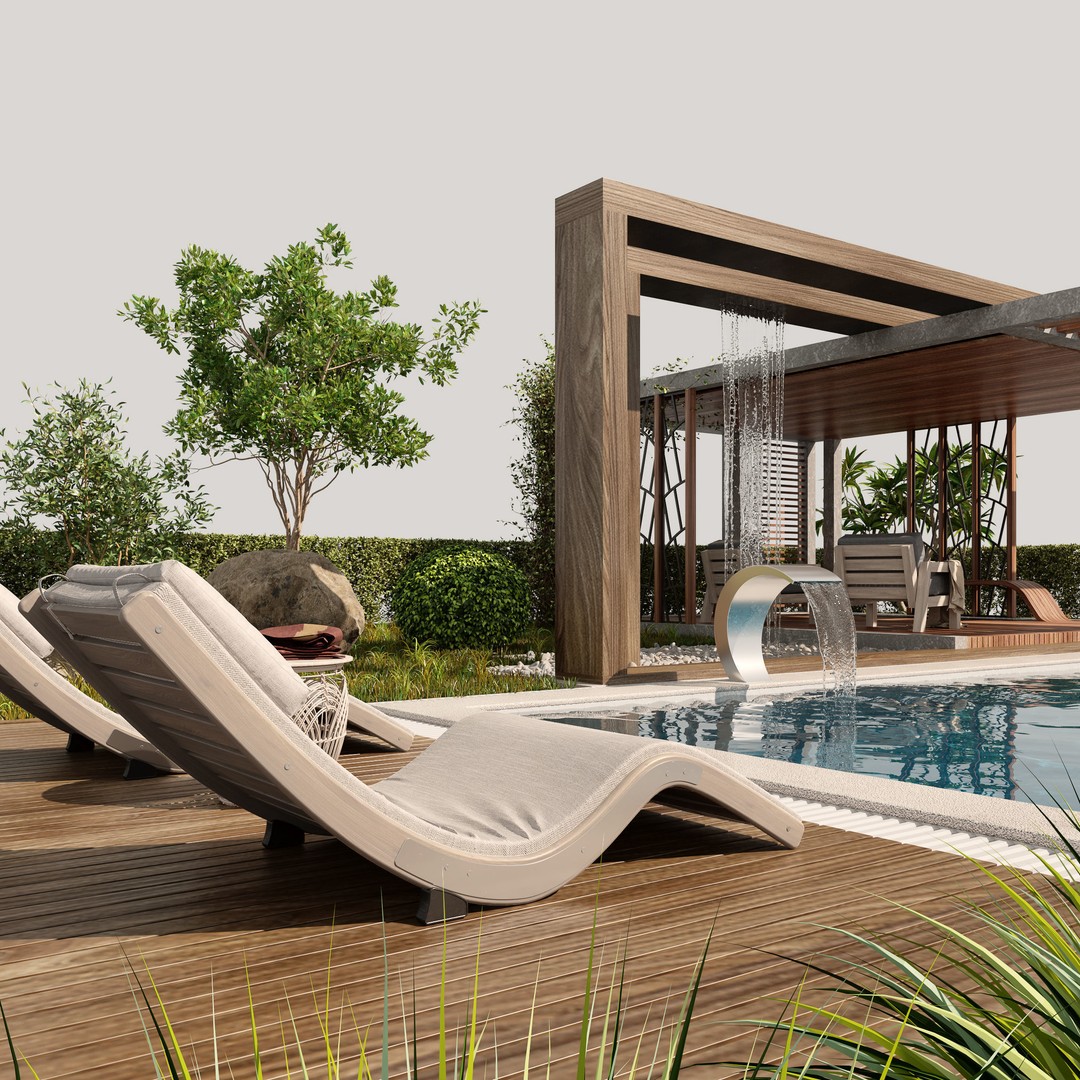 Pool Gazebo Plants and Fountains 3D Model – Realistic Landscape Asset, FBX, OBJ - View 4