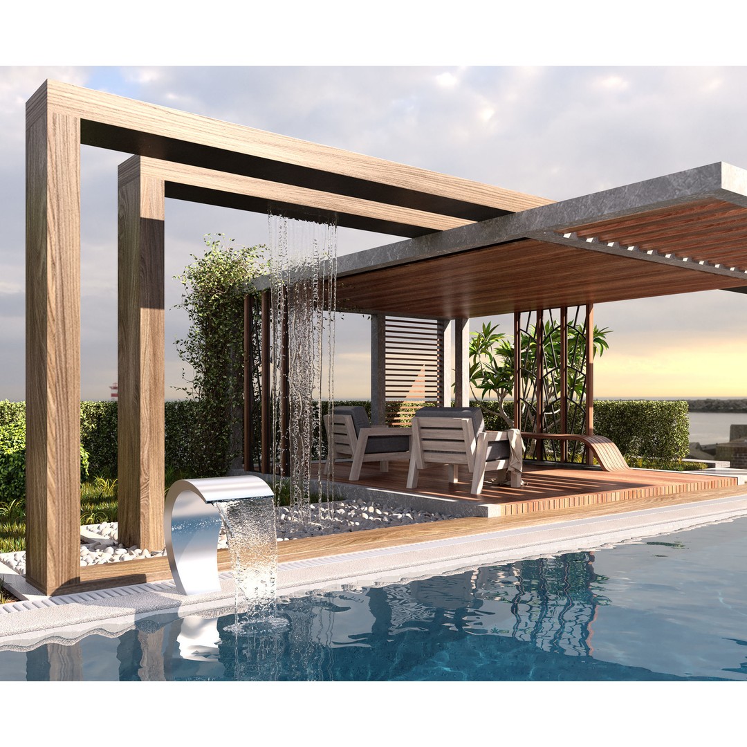 Pool Gazebo Plants and Fountains 3D Model – Realistic Landscape Asset, FBX, OBJ - View 6
