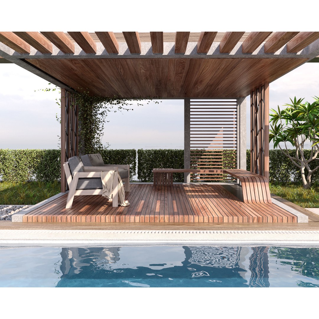 Pool Gazebo Plants and Fountains 3D Model – Realistic Landscape Asset, FBX, OBJ - View 8