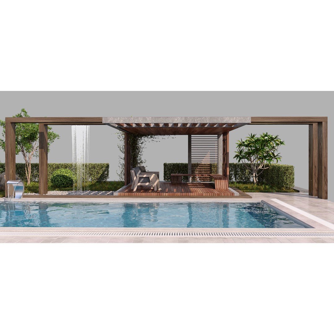 Pool Gazebo Plants and Fountains 3D Model – Realistic Landscape Asset, FBX, OBJ - View 9