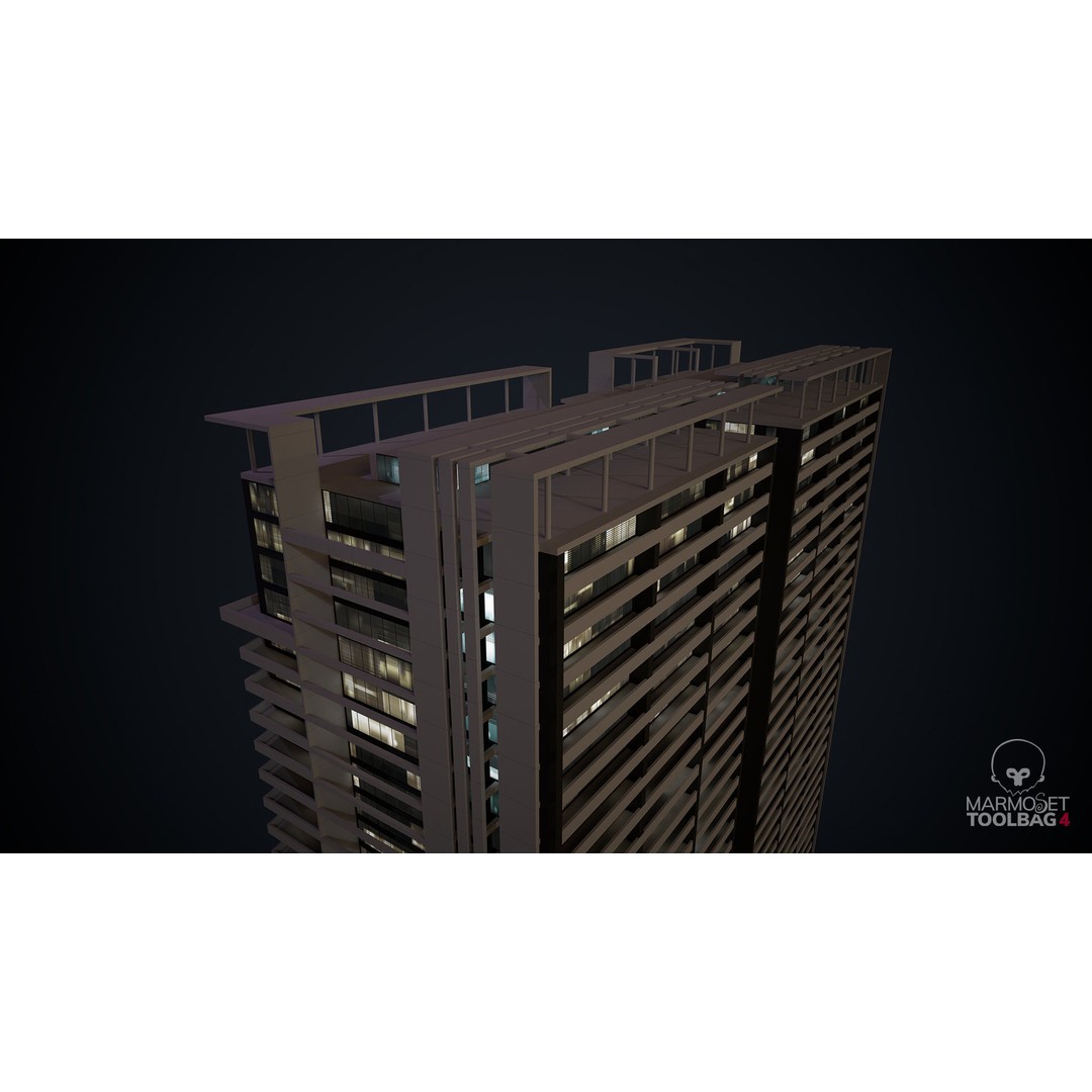 Apartment Building 3D Model – Low Poly Day/Night Skyscraper Asset - View 12