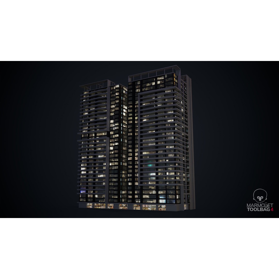 Apartment Building 3D Model – Low Poly Day/Night Skyscraper Asset - View 4