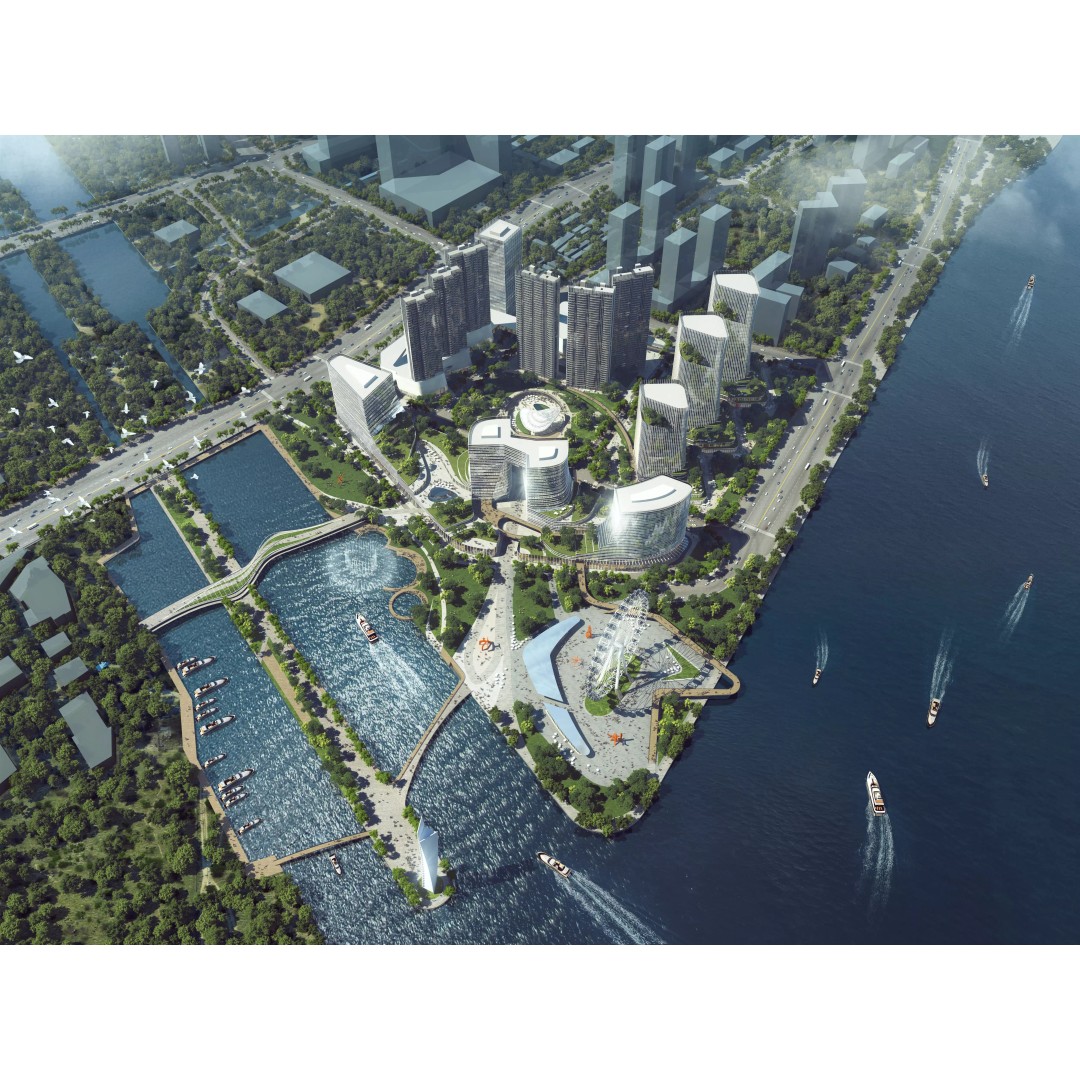Riverfront Cityscape 3D Model – Mixed-Use Towers & Ferris Wheel, FBX - View 3