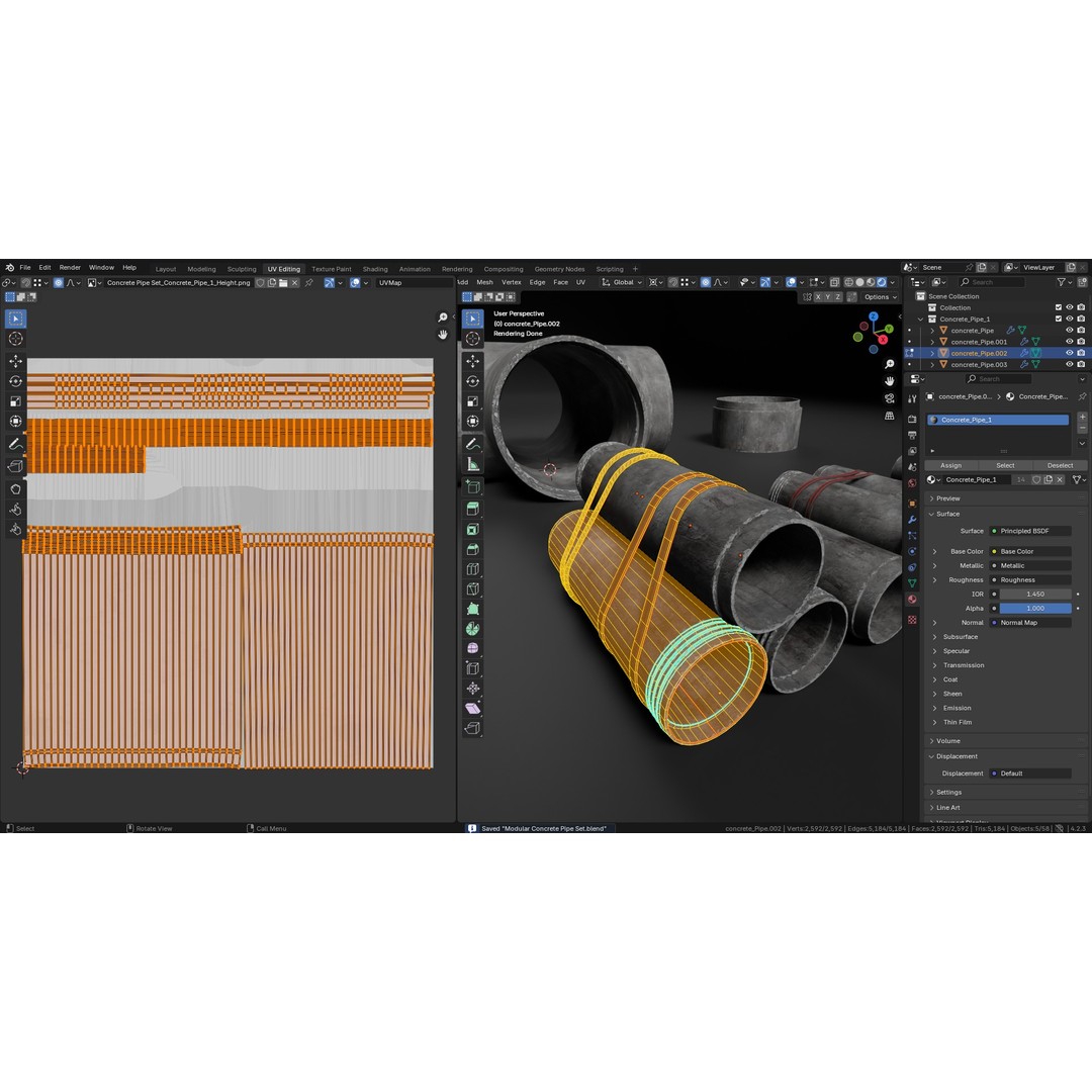 Modular Concrete Pipe Set 3D Model – Low Poly Game Ready, FBX, OBJ - View 16