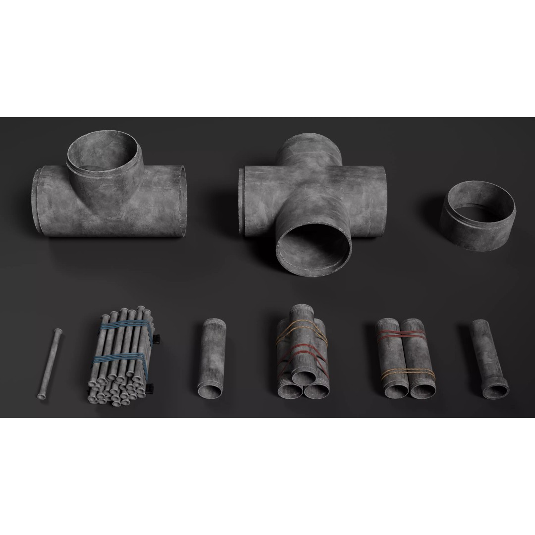 Modular Concrete Pipe Set 3D Model – Low Poly Game Ready, FBX, OBJ - View 2