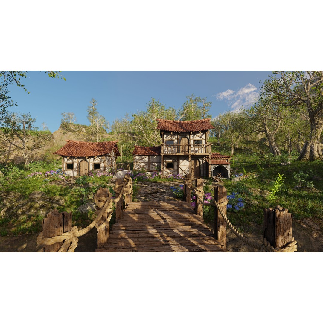 Medieval Bridge Scene 3D Model – High Poly Landscape Asset for Blender - View 14