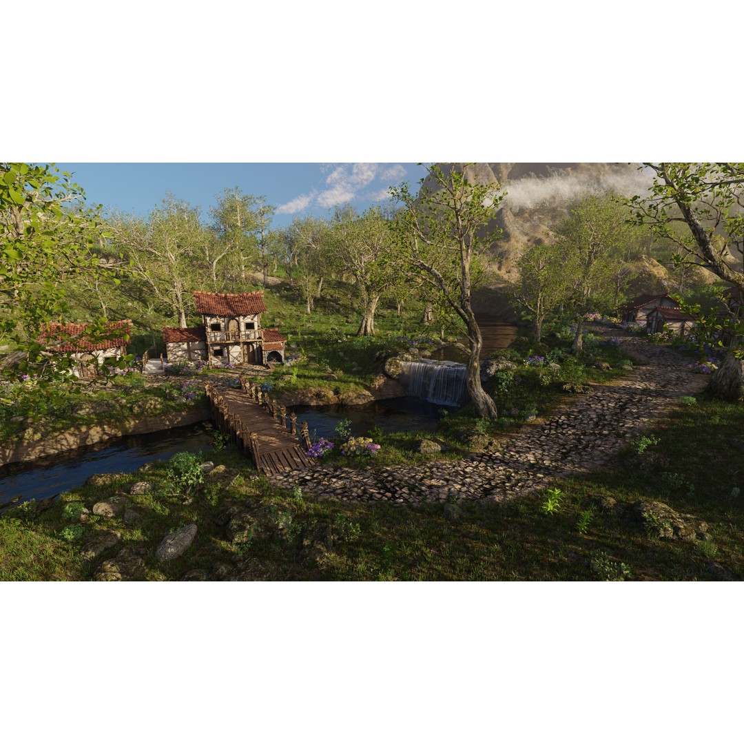 Medieval Bridge Scene 3D Model – High Poly Landscape Asset for Blender - View 4