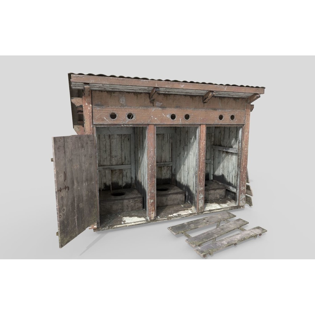 Abandoned Wooden Toilets 3D Model – Realistic PBR Asset, FBX, OBJ - View 3